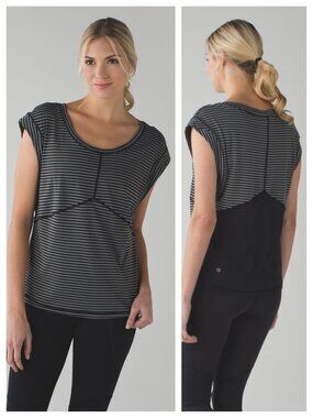 Lululemon Get Sweat Tee 8 Silver Stripe Black Slate / Black